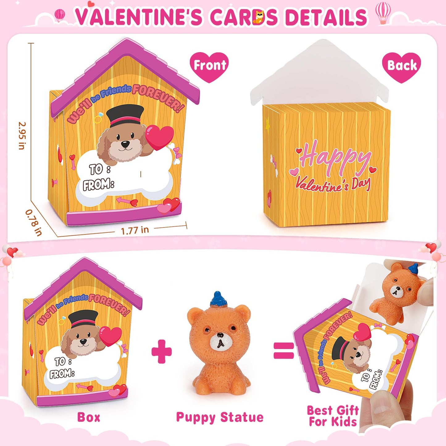 IJIGU Valentines Day Cards for Kids – 24 3D Dog-House Cards with Puppy Figurines
