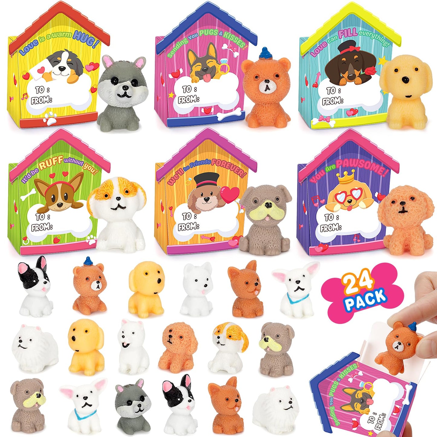 IJIGU Valentines Day Cards for Kids – 24 3D Dog-House Cards with Puppy Figurines