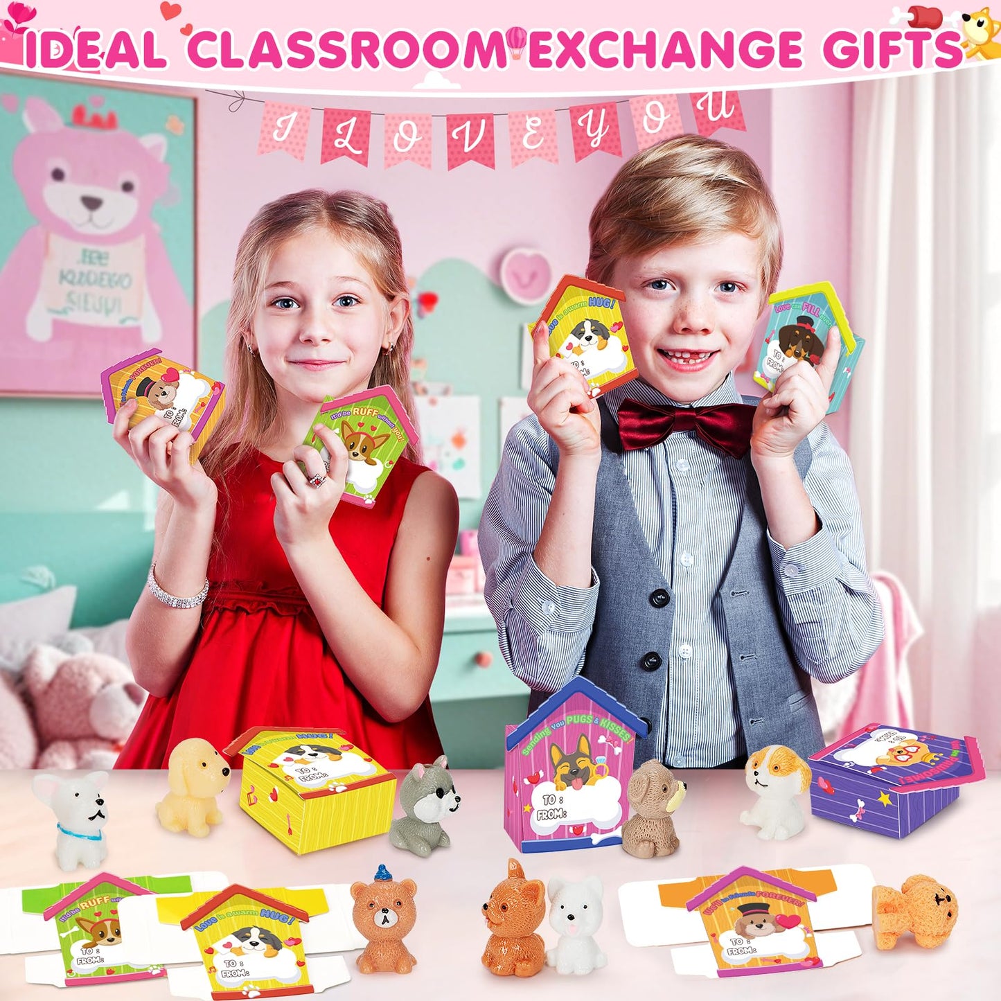 IJIGU Valentines Day Cards for Kids – 24 3D Dog-House Cards with Puppy Figurines
