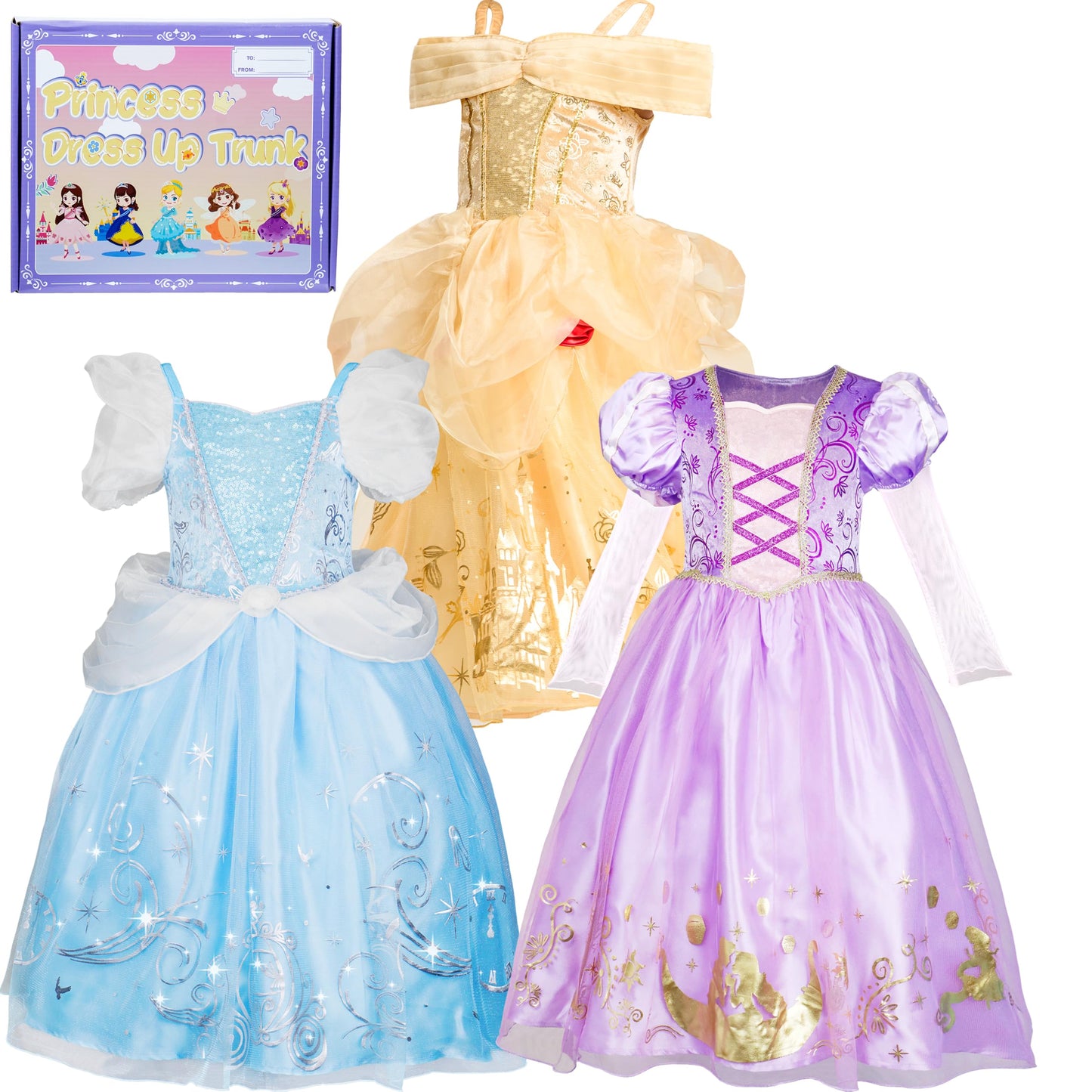 IKALI Princess Dress Up Trunk for Toddlers – Multicolored 3 Dress Set