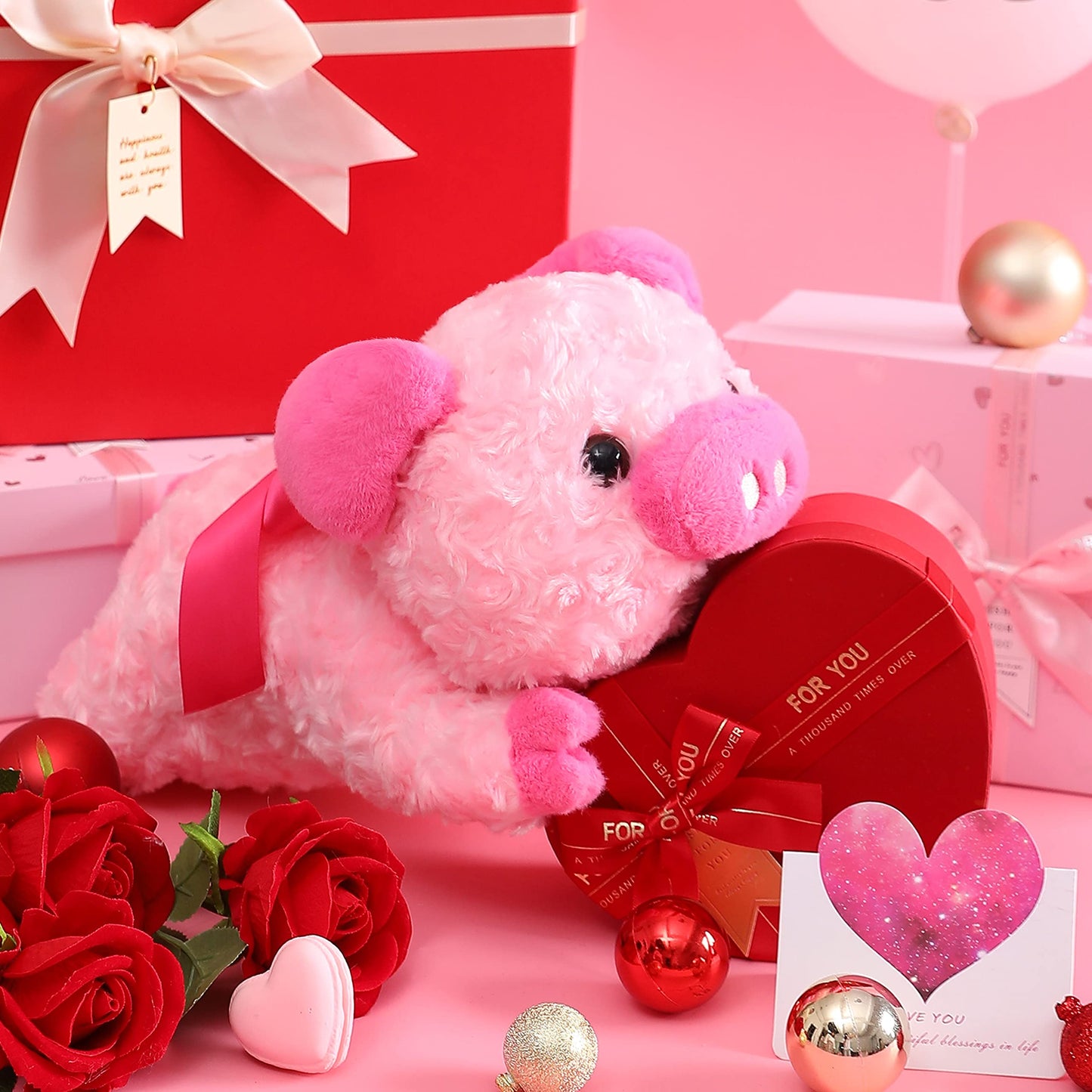 IKASA Pig Plush Toy with Bow - 13.7-Inch Cute Valentine Gift
