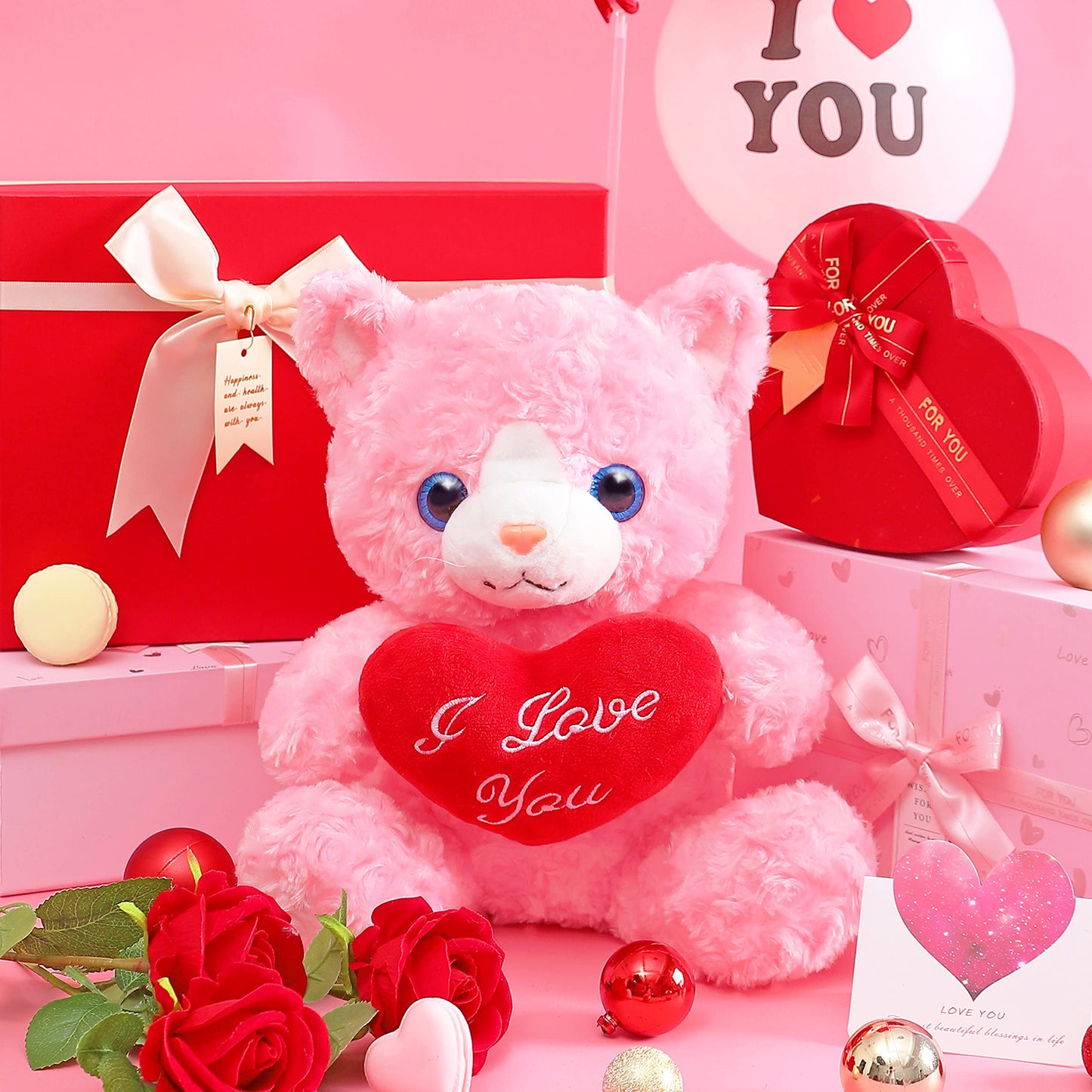 IKASA Cat Plush Toy – 11-Inch Heart-Holding Valentine Gift for Girlfriend