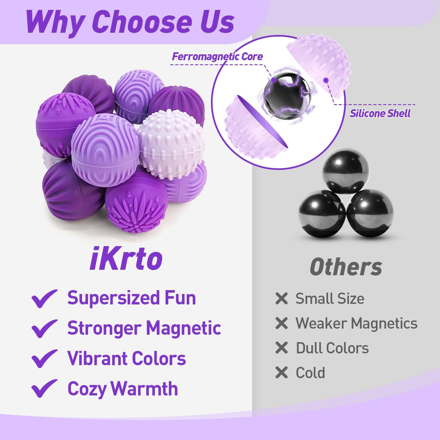 iKrto Lavender Magnetic Fidget Balls – 8pc Silicone Stress Relief Toys with Case