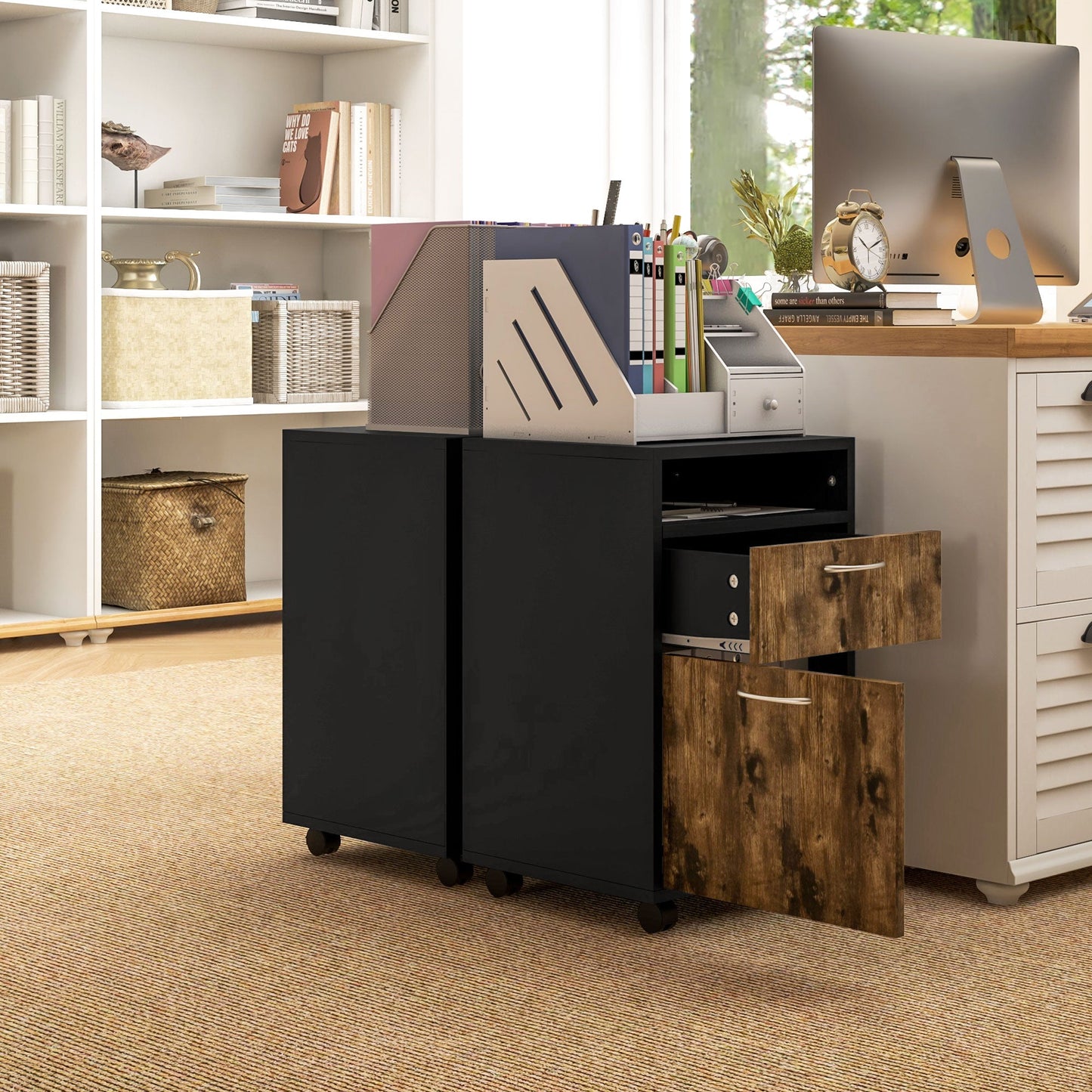 HOMCOM 60cm Storage Cabinet with Drawers and Open Shelf, Rustic Brown