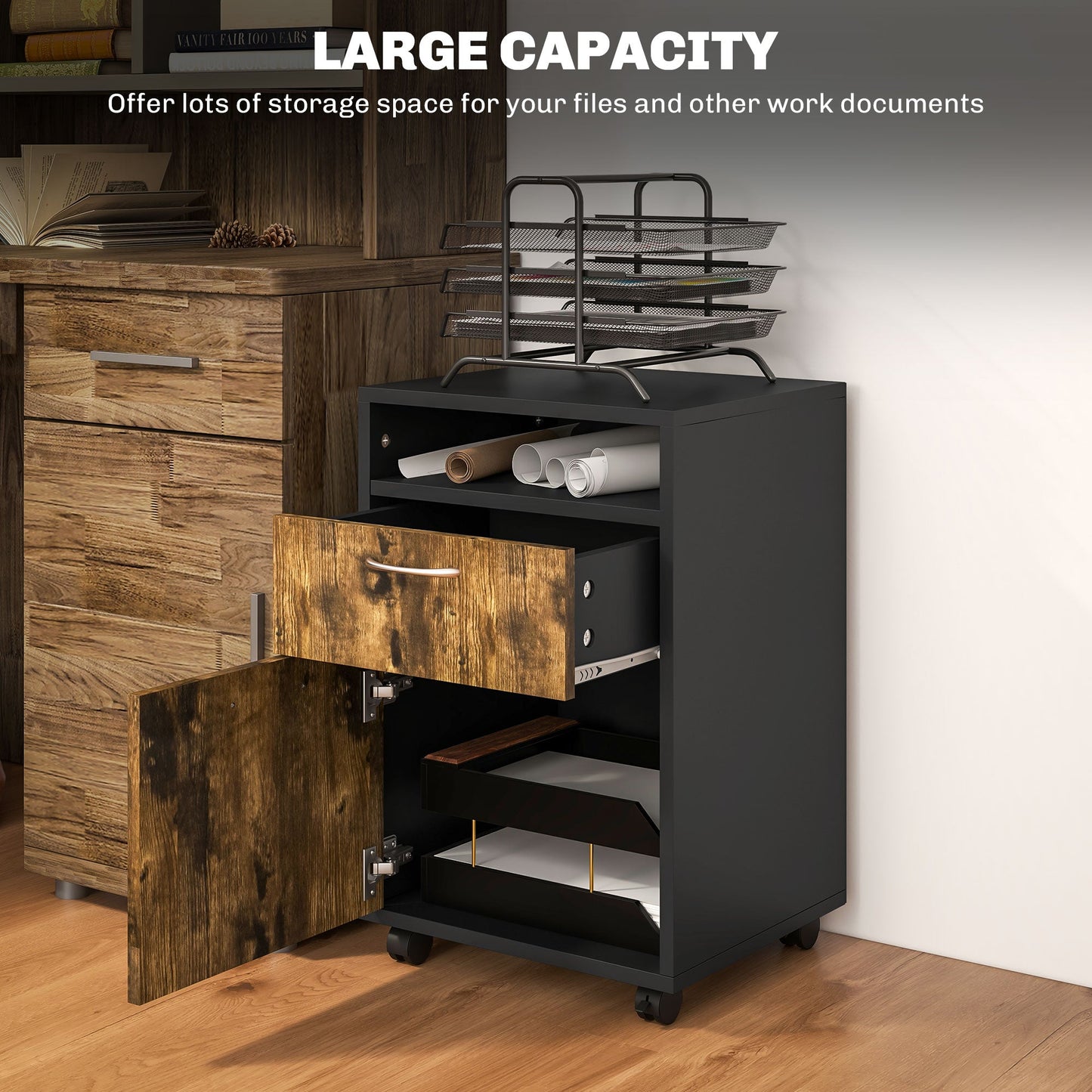 HOMCOM 60cm Storage Cabinet with Drawers and Open Shelf, Rustic Brown