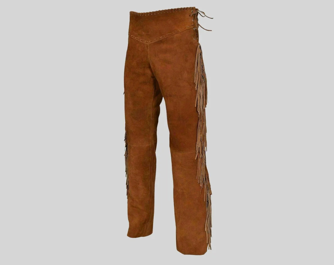 Native American Handmade cowboy style Fringe Beaded Suede Leather Pant