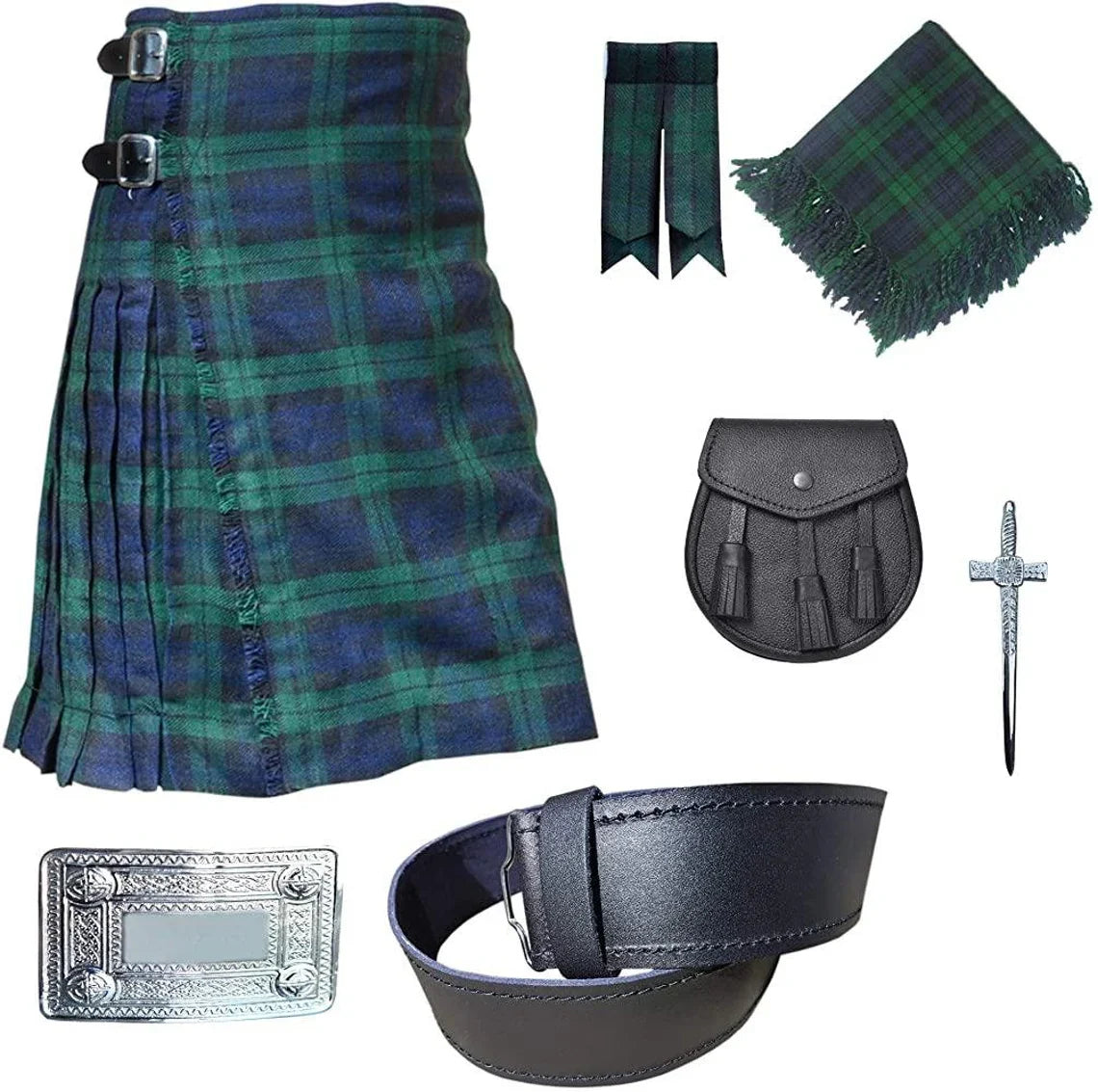 8 yard  Great Scottish Highland 7 Pieces kilt outfit  Kilt, Leather Sporran , Kilt Pin , Tartan Flashes , Fly plaid , Belt Buckle