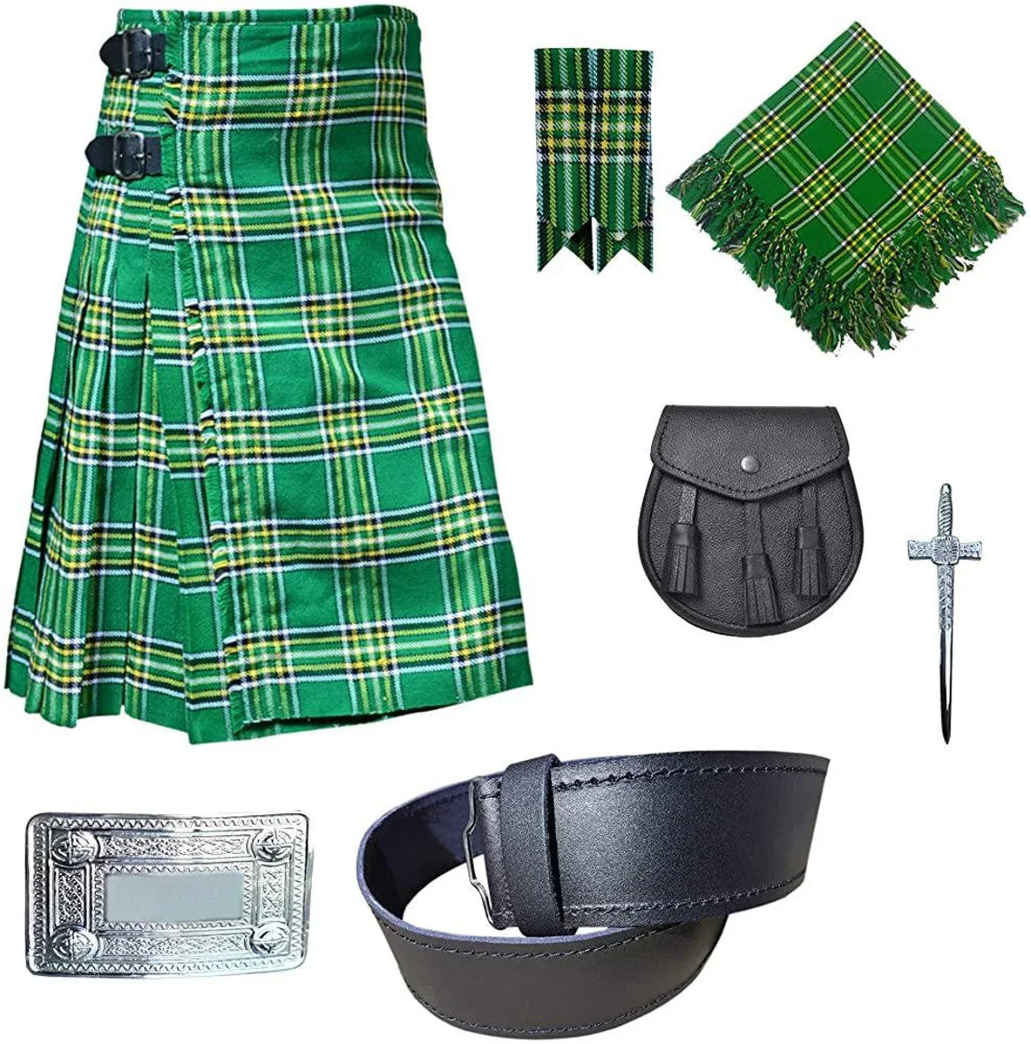 8 yard  Great Scottish Highland 7 Pieces kilt outfit  Kilt, Leather Sporran , Kilt Pin , Tartan Flashes , Fly plaid , Belt Buckle