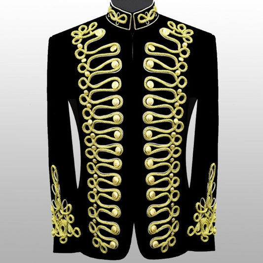 Black Men Braided Velvet Jacket Military Gold Braided Jacket Hussars Velvet Jacket Men Fashion Braided Jacket DJ Singer Stylish Jacket Vintage