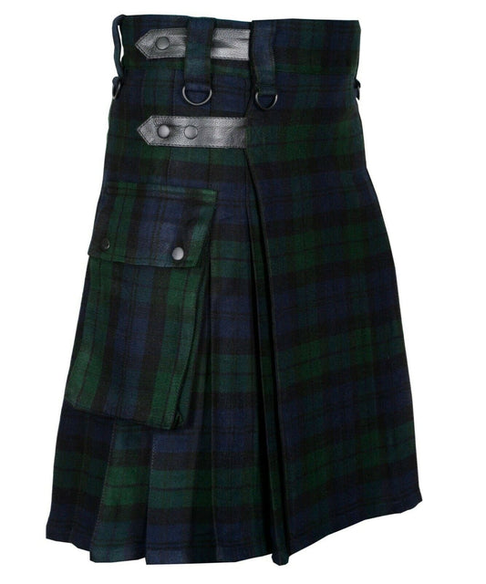 Black Watch Handmade Scottish Mens Tartan Utility Kilt Cargo pockets 16oz