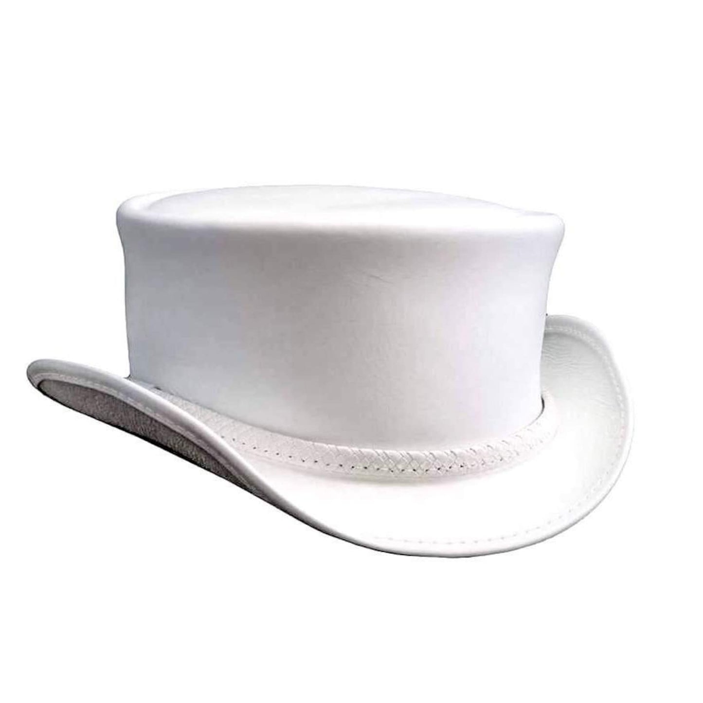 Ghost Rider White Leather Top Hat With Braided Leather Band- White Steampunk Leather Hat - High Hat  Bikers Motorcyclist Hat