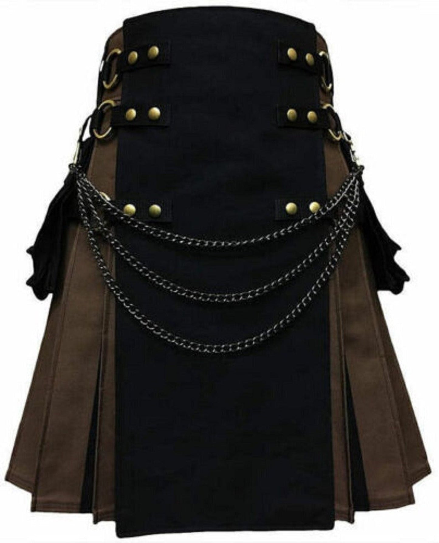 Black & Brown 100% Cotton Pleats Canvas Cargo Utility Kilt