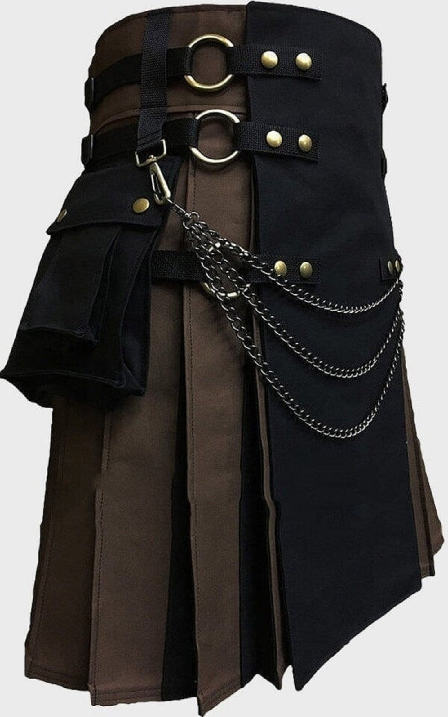 Black & Brown 100% Cotton Pleats Canvas Cargo Utility Kilt