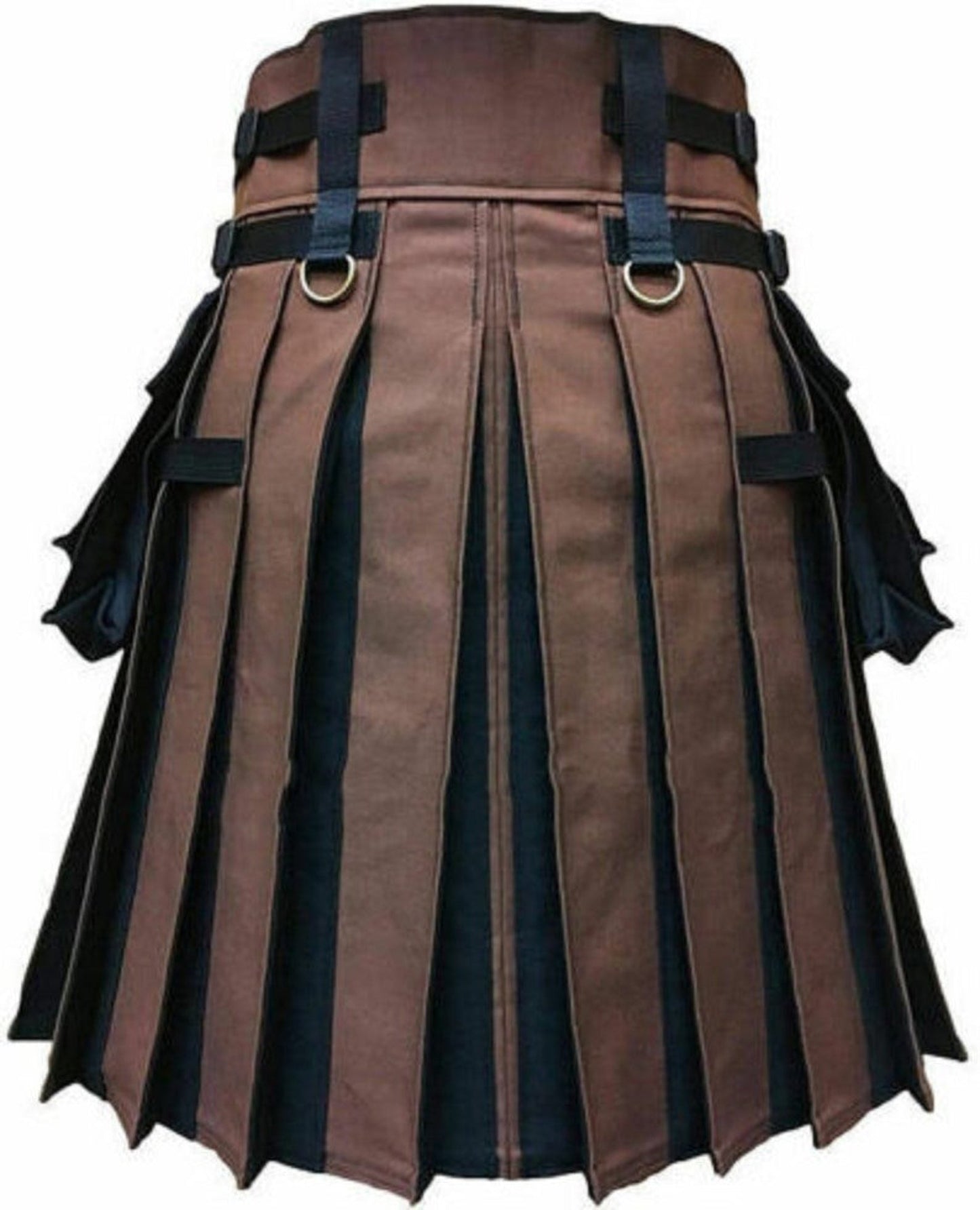 Black & Brown 100% Cotton Pleats Canvas Cargo Utility Kilt