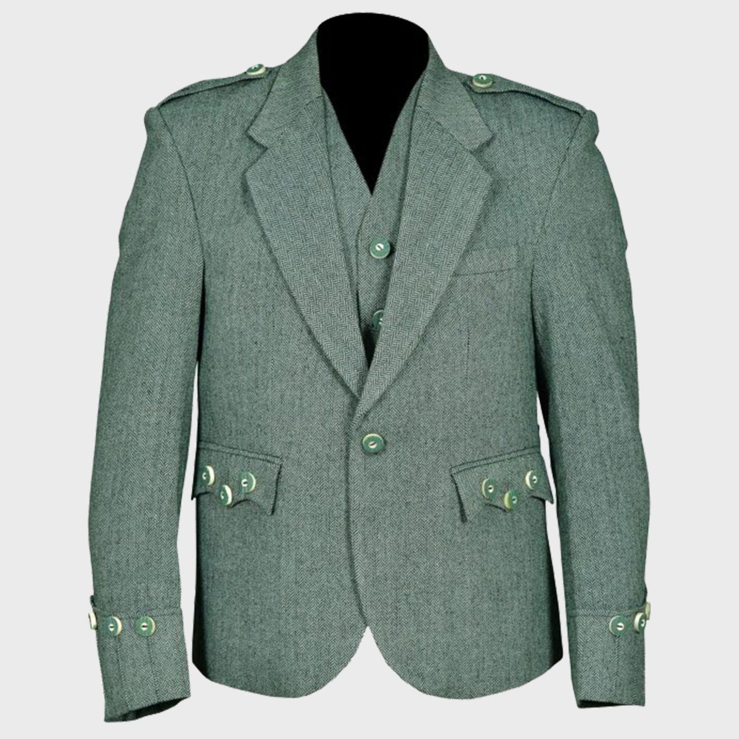 Lovat Green Tweed Argyle Kilt Jacket with Matching 5-Button Vest Waistcoat – Made to Order Scottish Highland Dress