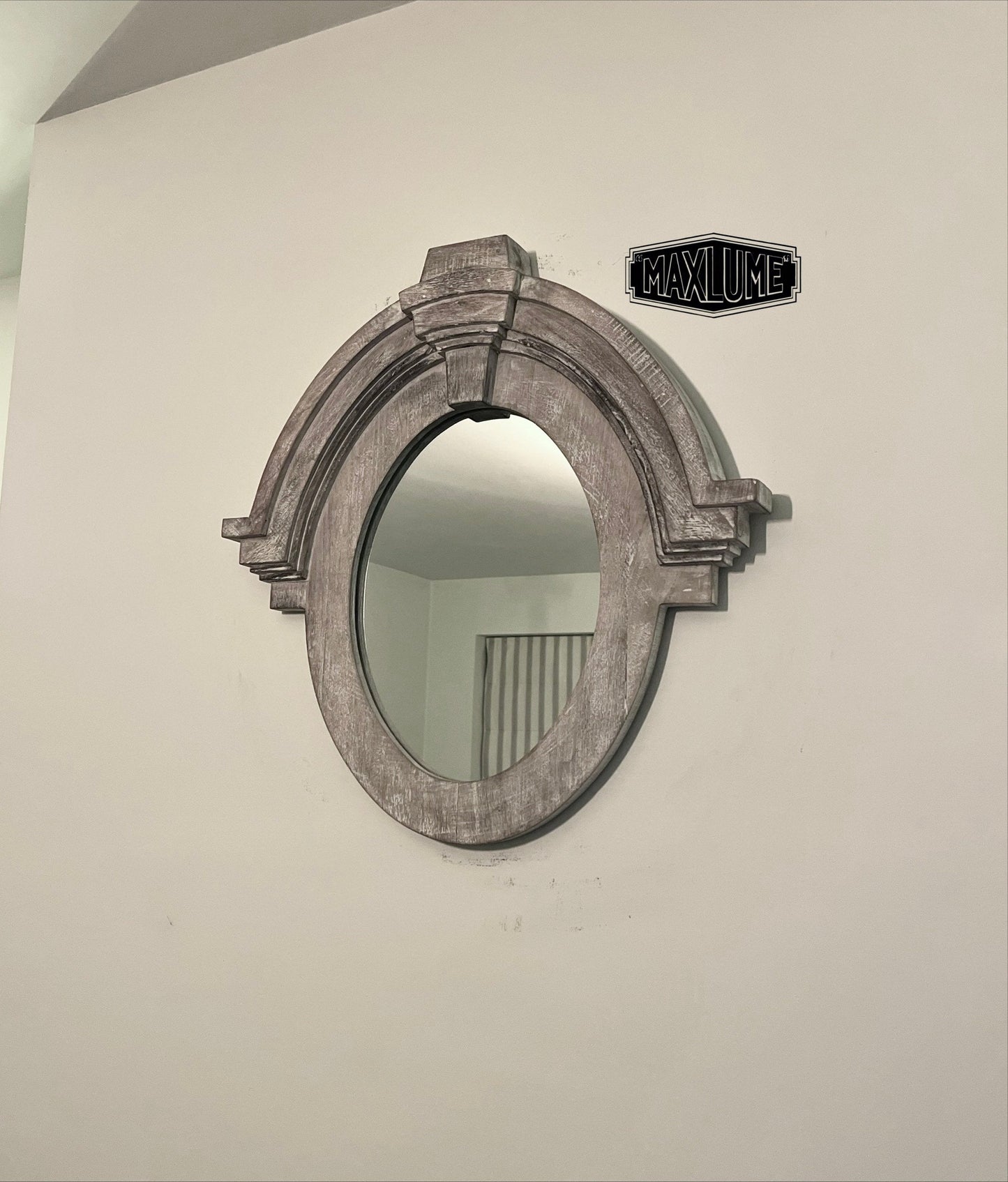 Mansard Architectural Oval Wall Mirror - Distressed Grey Wood Frame