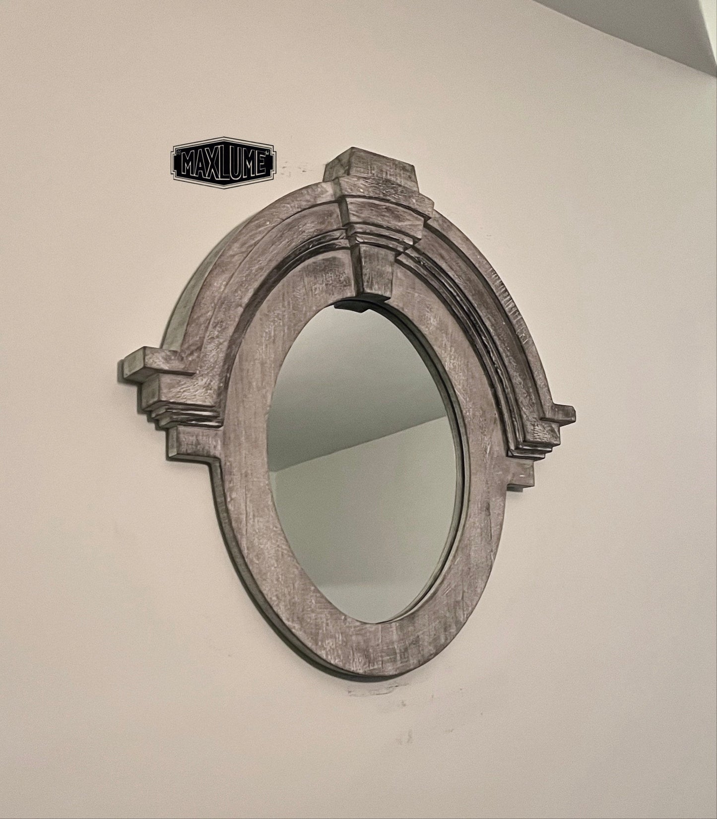 Mansard Architectural Oval Wall Mirror - Distressed Grey Wood Frame