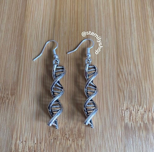 Cool quirky silver DNA genetics stem science drop dangle biology earrings on hypoallergenic surgical steel hooks