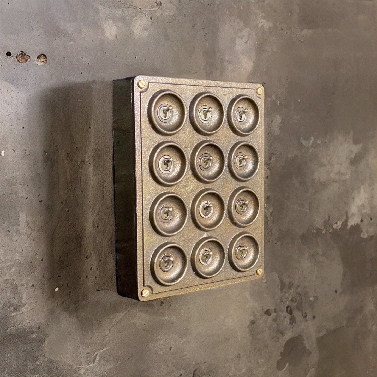 12 Gang 2 Way Bronze Solid Cast Metal Surface Mounting Conduit Light Switch Industrial - BS EN Approved Vintage Crabtree 1950’s Style