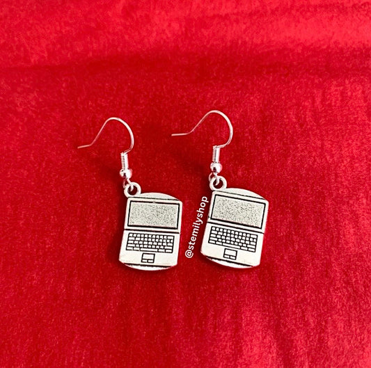 Cool quirky silver laptop computer stem drop dangle earrings on hypoallergenic surgical steel hooks