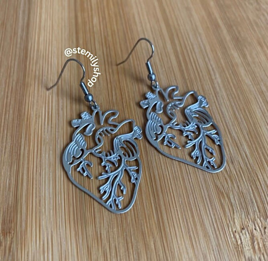 Cool quirky anatomical heart statement silver stainless steel drop dangle earrings handmade on surgical steel hooks