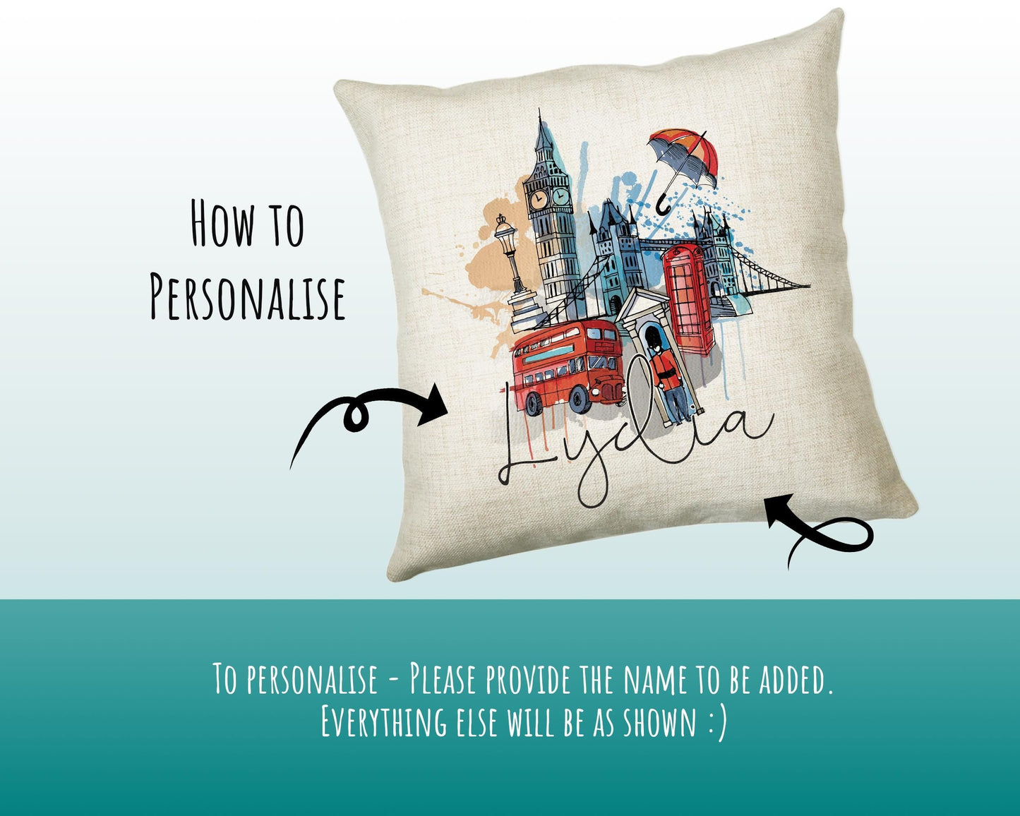 Personalised London City Watercolour Cushion Custom Design Gift Valentines Present - London Landmark Pillow Gift CS313