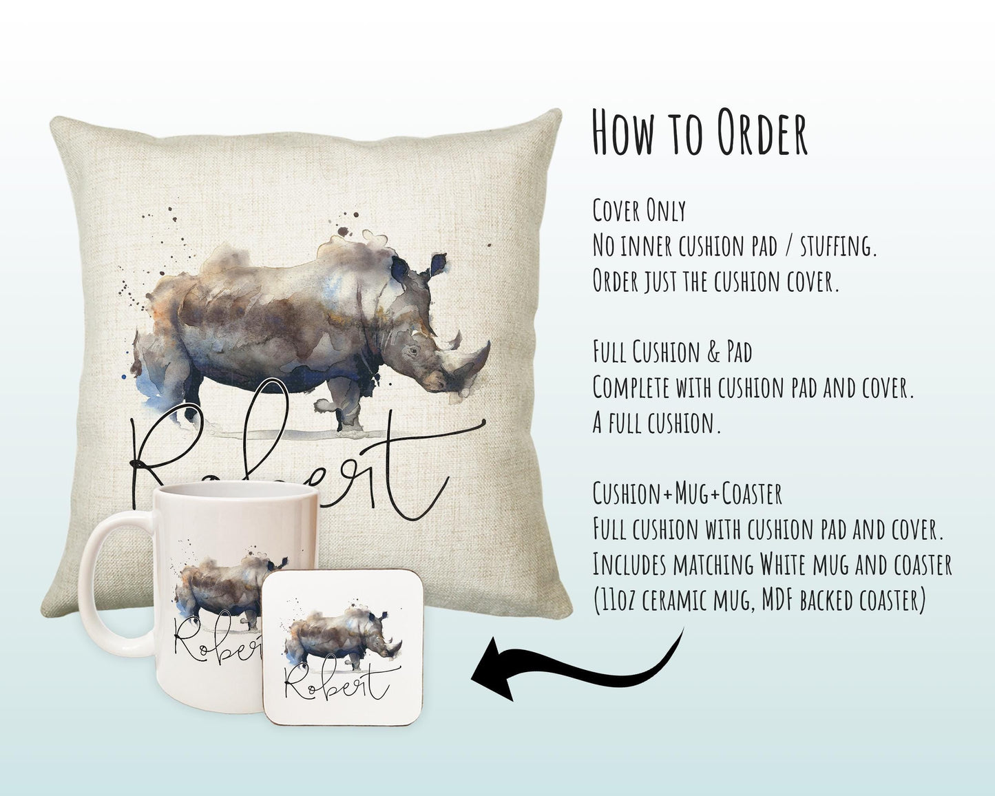 Personalised Rhino Cushion Gift Printed Name Design - Cushion Throw Pillow Gift For Mum Dad Friend Bedroom Birthday Christmas Gift CS085