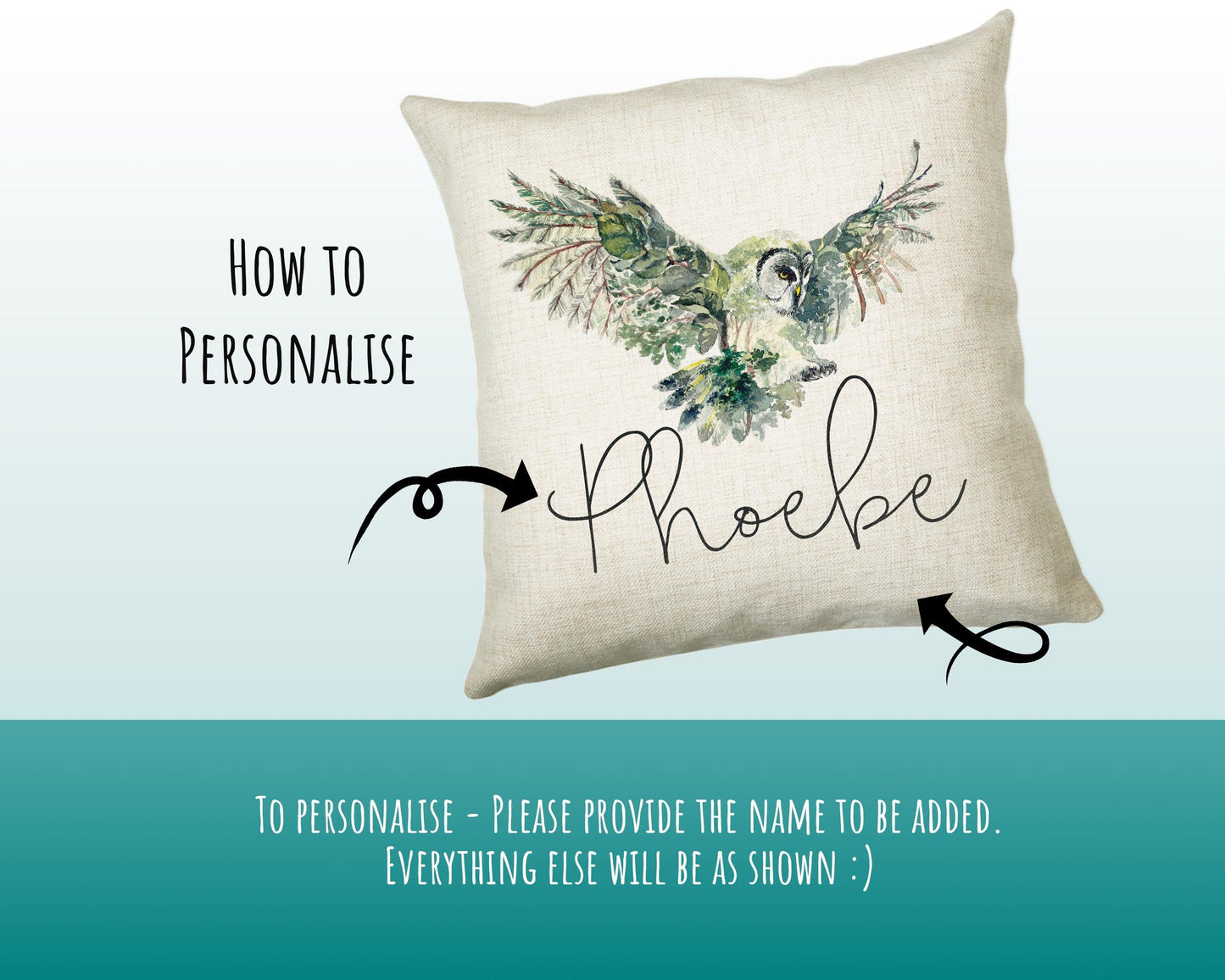 Personalised Owl Leaf Cushion Gift Printed Name Design - Cushion Throw Pillow Gift For Boys Nursery Bedroom Birthday Christmas Gift CS394