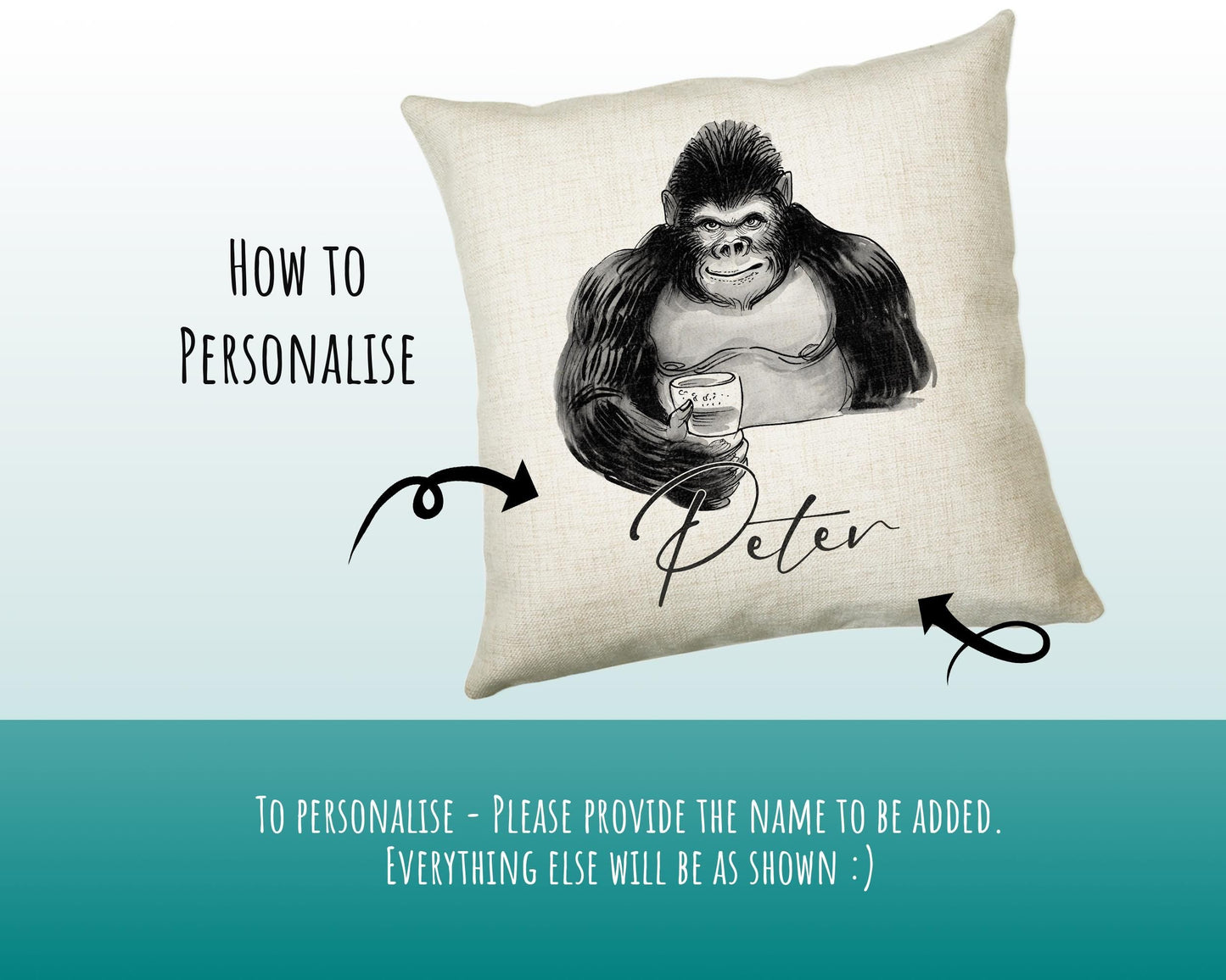 Personalised Gorilla Cushion Gift Printed Name Design - Cushion Throw Pillow Gift For Dad Friend Bedroom Birthday Christmas Gift CS500