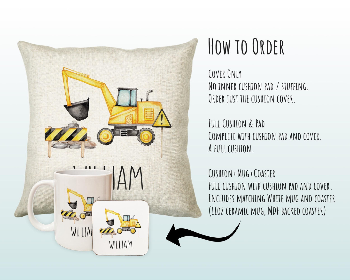 Personalised Digger Cushion Gift Boys Bedroom Printed Name Design - Pillow Gift For Girls Boys Nursery Decor Gift CS508