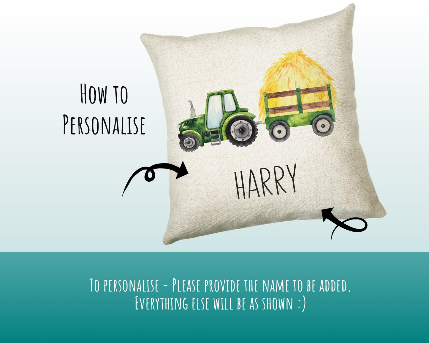 Personalised Tractor Cushion Gift Printed Name Design - Pillow Gift For Girls Boys Nursery Bedroom Farm Animal Decor Birthday Gift CS507