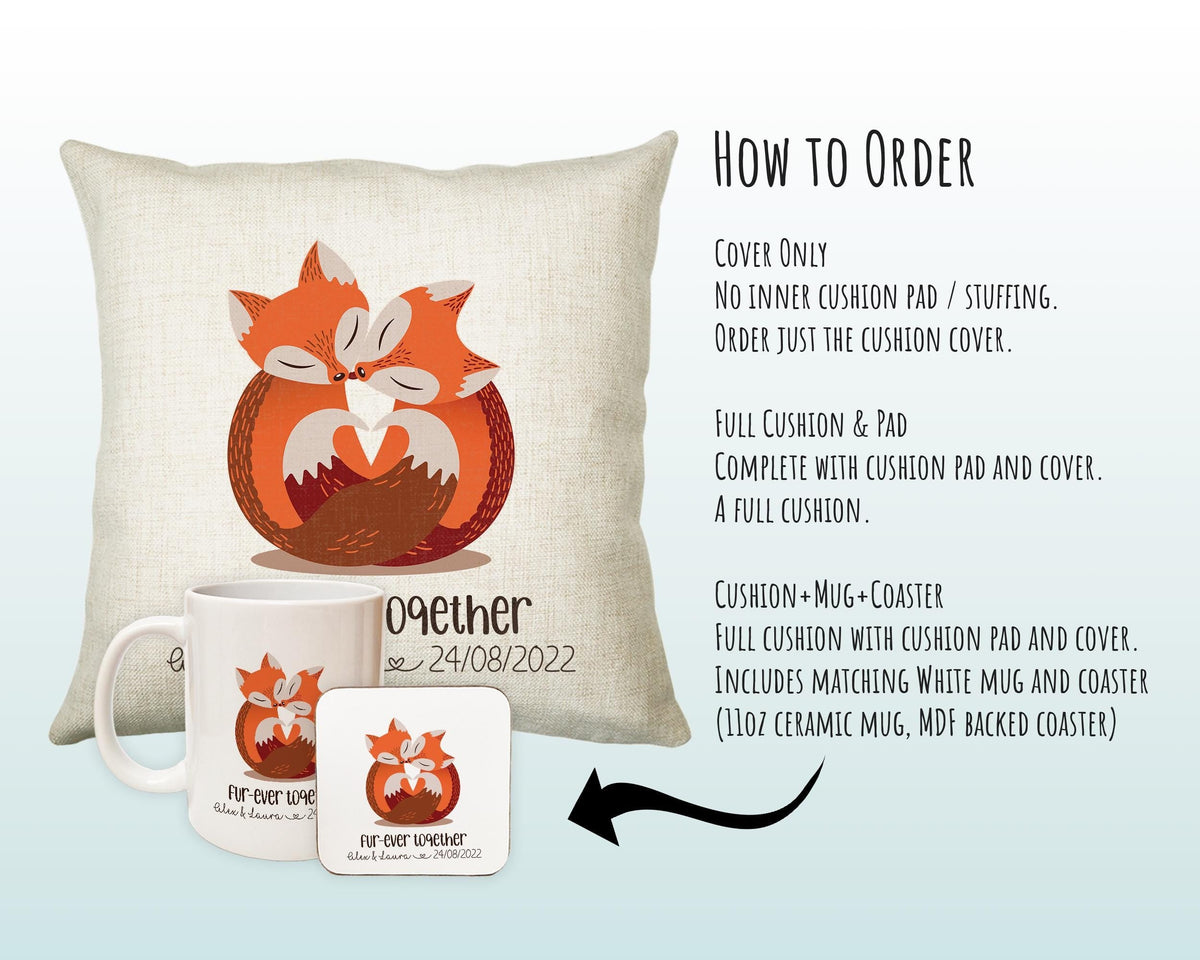 Personalised Fur-ever Together Fox Gift Cushion Two Years Custom Design Gift Present - Foxes Couple Wedding Cushion Pillow Gift STC115