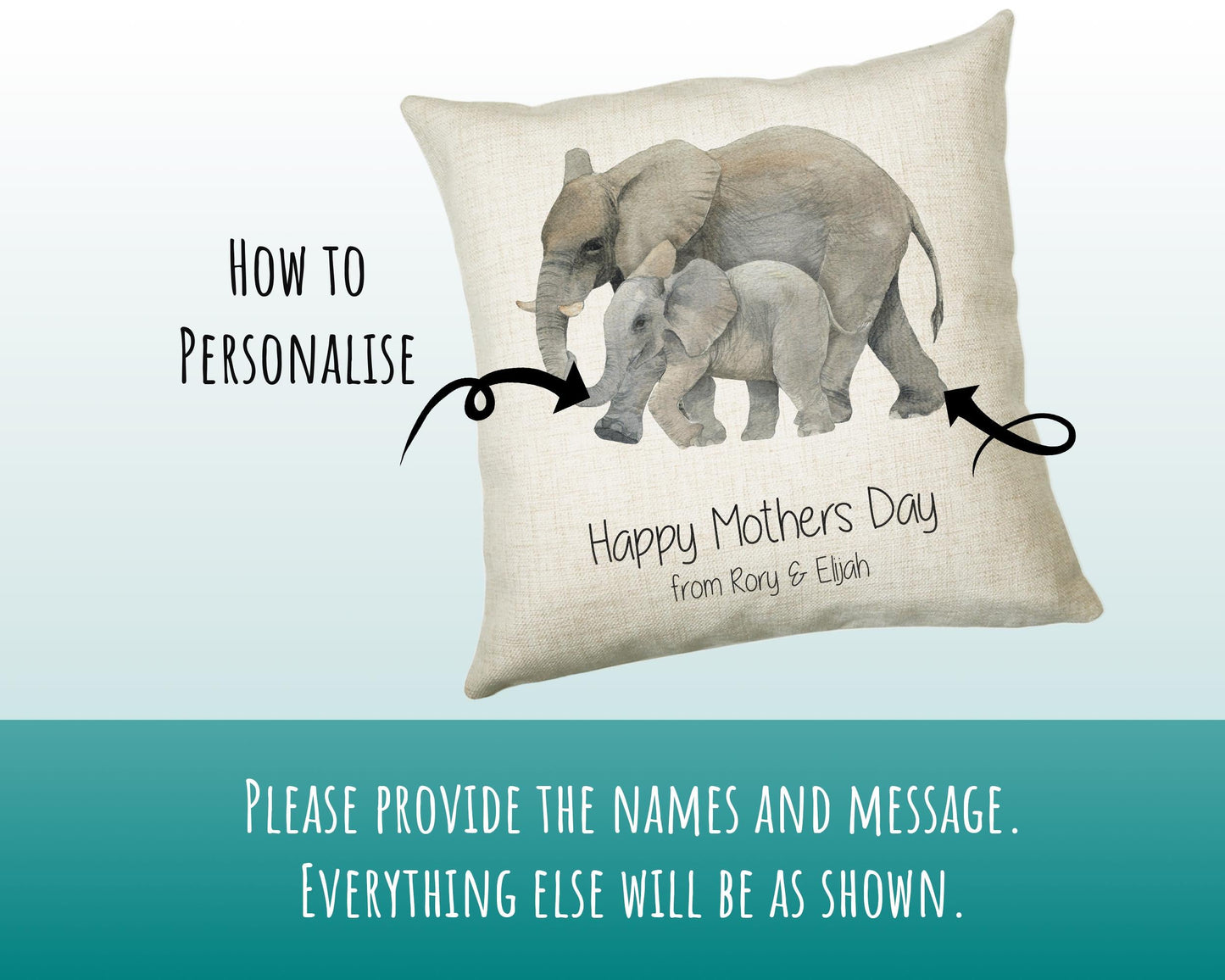 Personalised Elephant Mothers Day Mum Cushion Gift - Safari Theme Throw Pillow From Kids Son Daughter Girl Boy Mummy Mother CS128