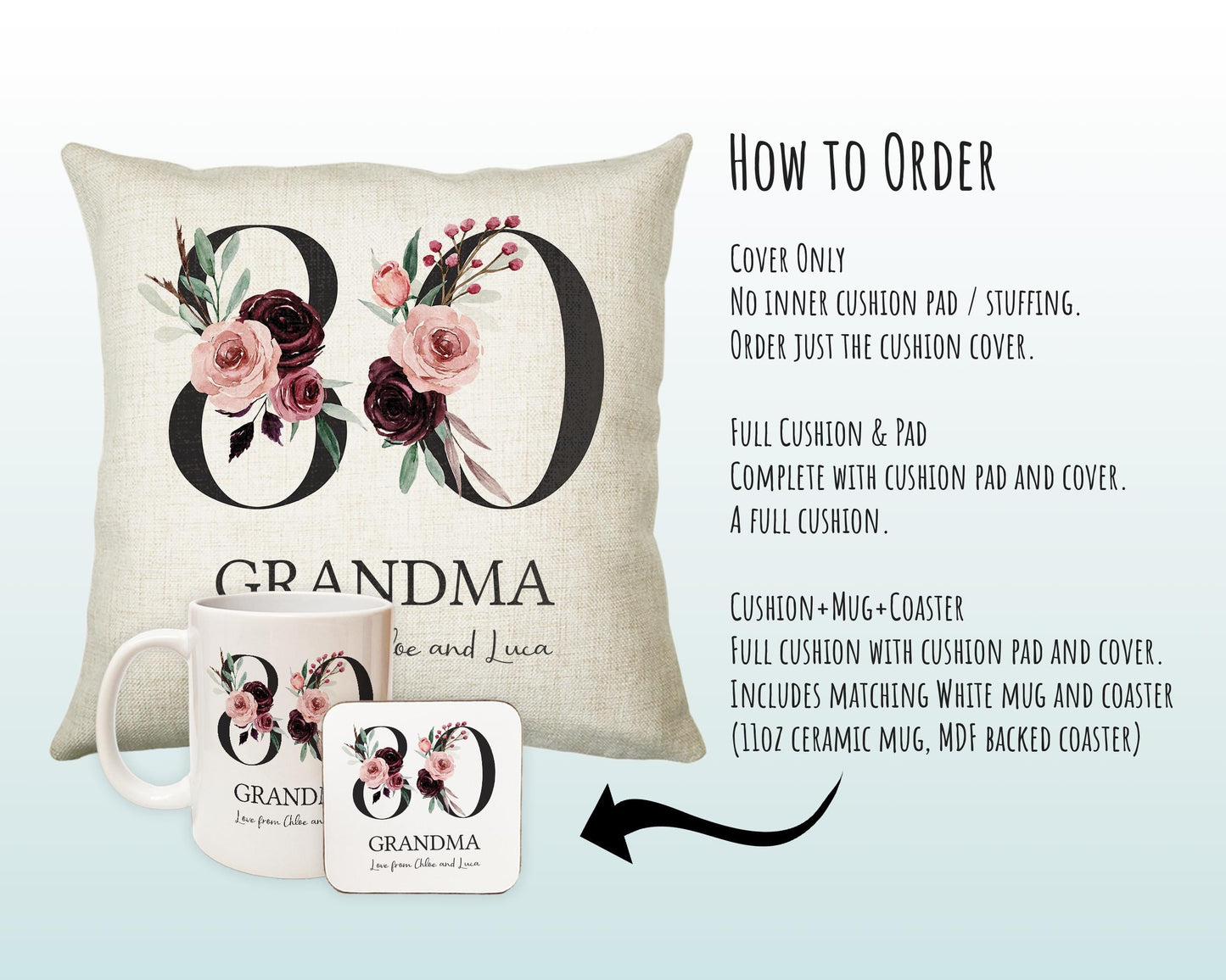 Personalised 80th Birthday Cushion Gift Printed Name Design - Cushion Throw Pillow Gift For Mum Nan Grandma Birthday Gift Idea CS003