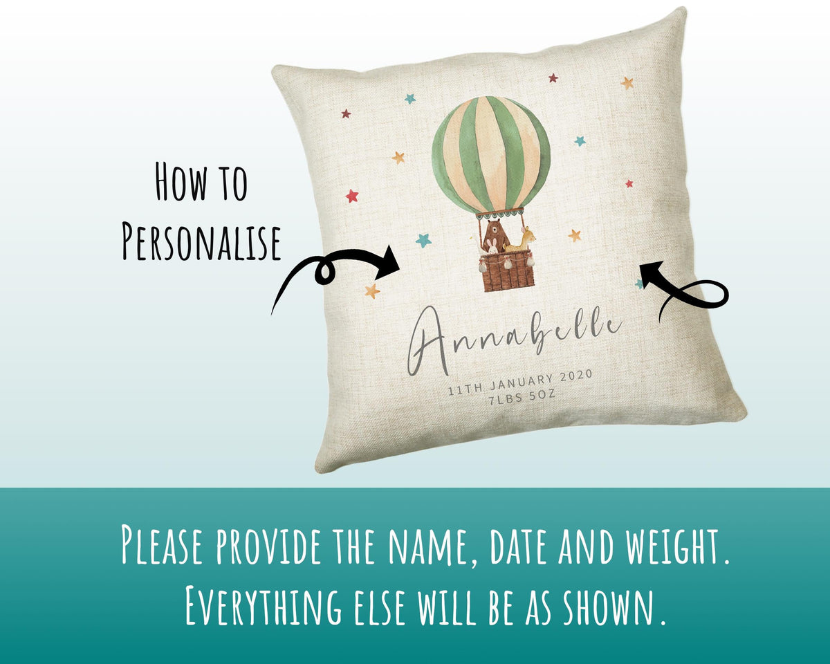 Personalised Baby Cushion New Baby Gift Hot Air Balloon Printed Name Design - Pillow Gift For Girls Boys Nursery Bedroom Decor Gift CS462