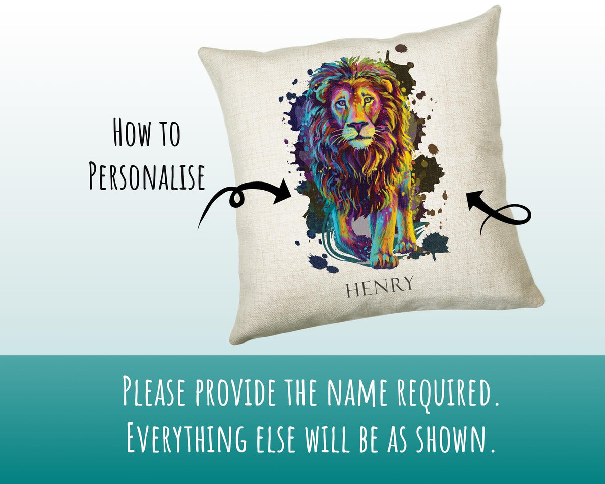 Personalised Lion Cushion Gift Printed Name Watercolour Design Cushion Throw Pillow Gift For Mum Dad Friend Bedroom Birthday Christmas CS372