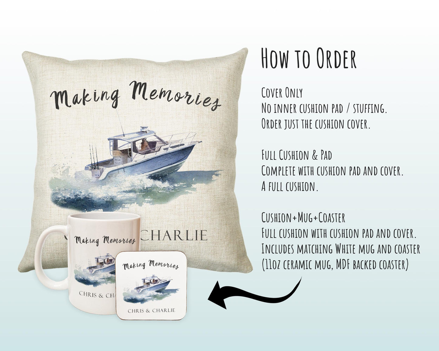 Personalised Boat Cushion Gift Making Memories Printed Name Watercolour Design Cushion Throw Pillow Gift For Him Her Christmas Gift CS370