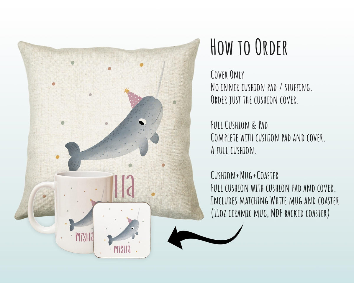 Personalised Narwhal Cushion Girls Boys Gift Printed Name Design - Custom Pillow For Girls Boys Nursery Bedroom Decor Gift CS276