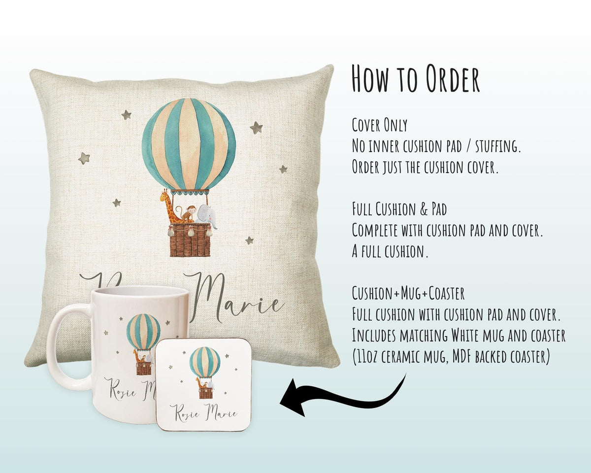 Personalised Baby Cushion New Baby Gift Hot Air Balloon Printed Name Design - Pillow Gift For Girls Boys Nursery Bedroom Decor Gift CS245