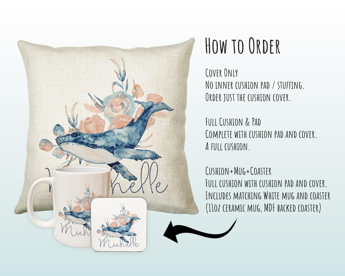 Personalised Whale Cushion Gift Printed Name Design - Nautical Sea Ocean Throw Pillow Gift For Her Mum Gift Christmas Gift CS205