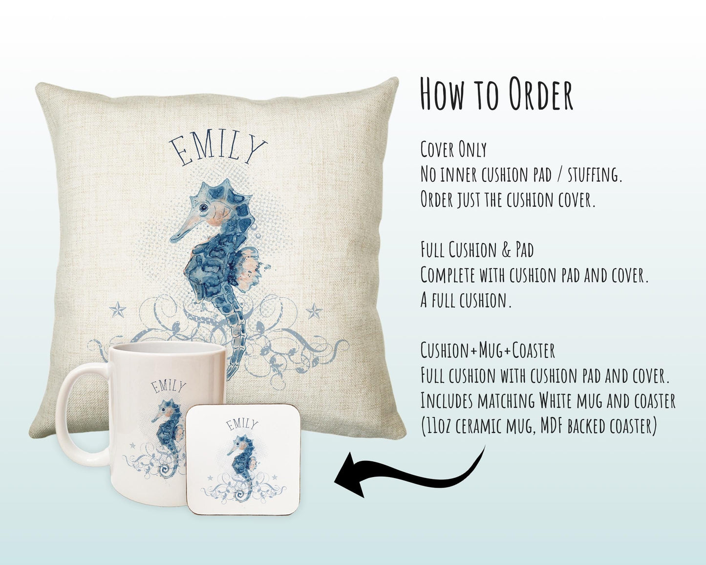 Personalised Seahorse Cushion Gift Printed Name Design - Nautical Sea Horse Throw Pillow Gift For Her Mum Gift Christmas Gift CS202