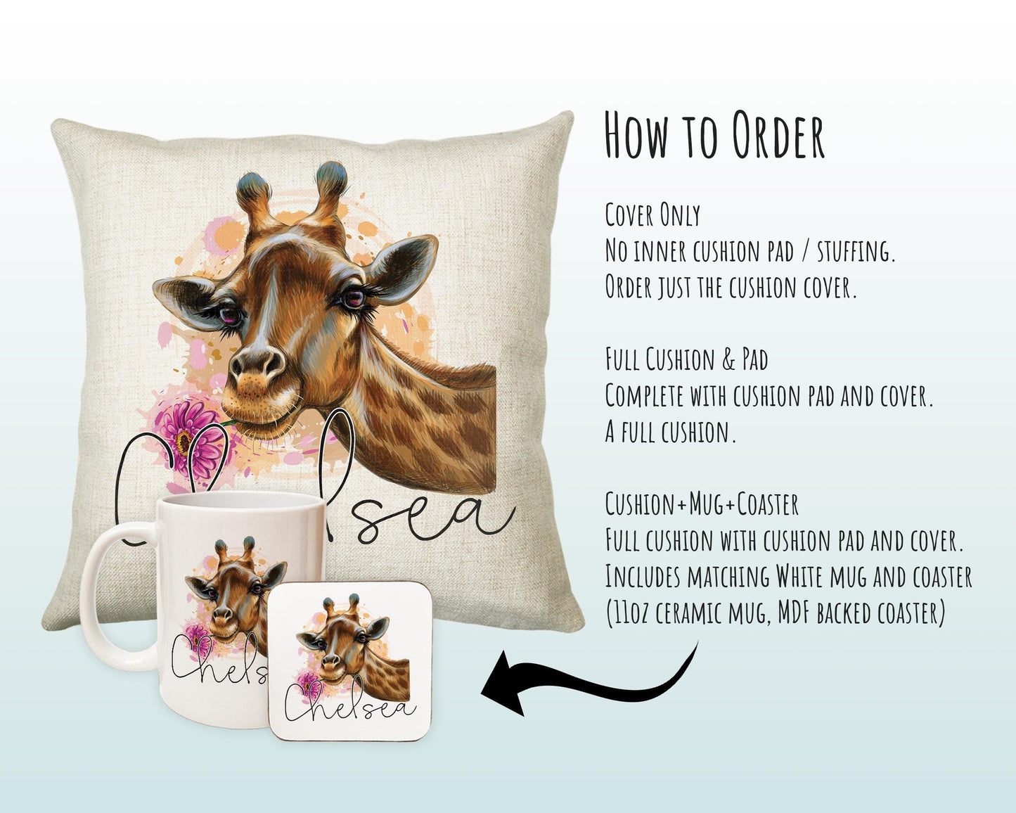 Personalised Giraffe Cushion Gift Printed Name Design - Cushion Throw Pillow Gift For Mum Dad Friend Bedroom Birthday Christmas Gift CS164