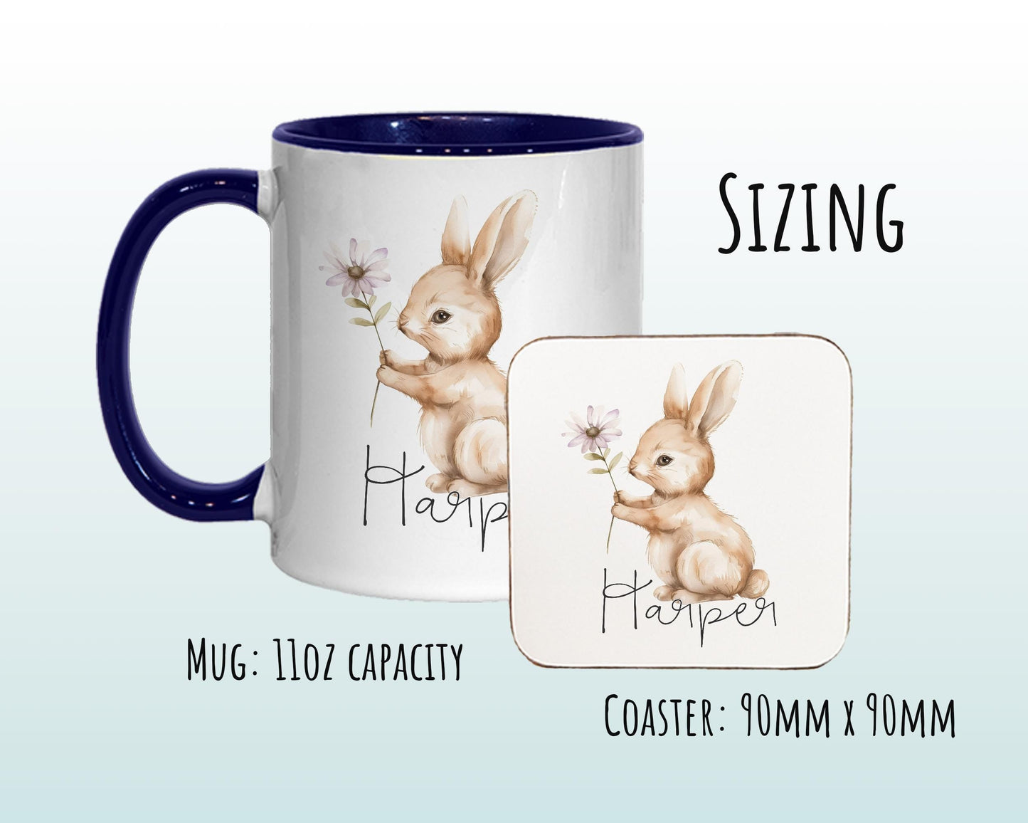 Personalised Bunny Rabbit Gift Mug - Ceramic Coffee Tea Hot Chocolate Mug Coaster Cute Rabbit Flowers Animal - Secret Santa Gift Idea MG0868