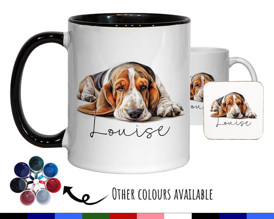 Personalised Basset Hound Gift Mug - Ceramic Coffee Tea Chocolate Mug Coaster Basset Hound Design for Dog Mum Dad Owner Secret Santa MG0910