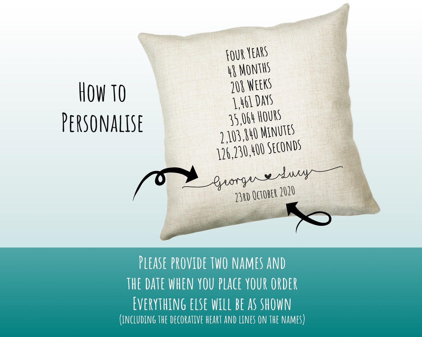 Personalised 4th Anniversary Cotton Gift Cushion Four Years Custom Design Gift Valentines Present - Wedding Cushion Pillow Gift CS469