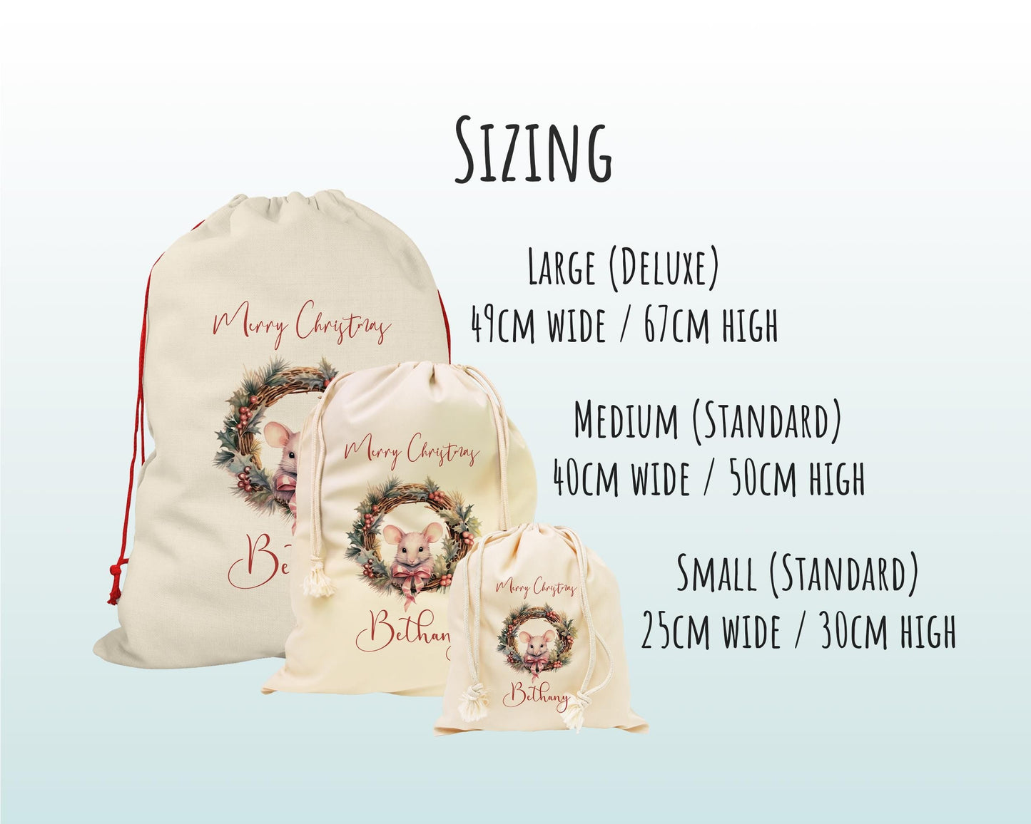 Personalised Christmas Sack - Santa Sack for Kids Presents Xmas Wreath Mouse Design Stocking Christmas Eve Bag Box for Girls & Boys XS010