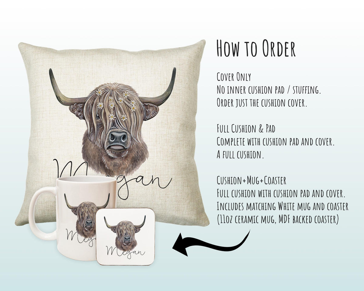 Personalised Highland Cow Cushion Gift Printed Name Design - Cushion Throw Pillow Gift Scottish Cattle Design CS306
