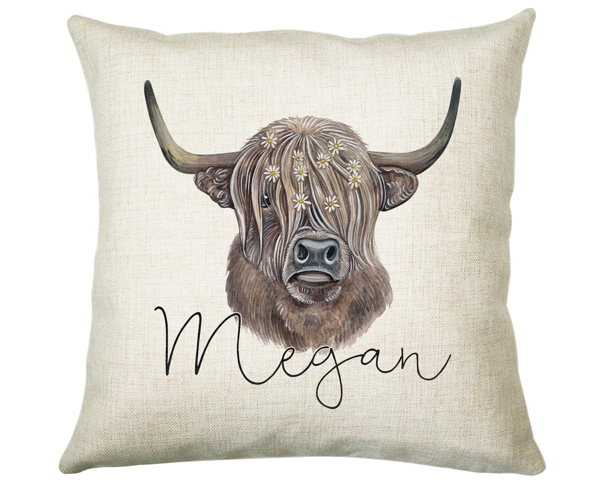 Personalised Highland Cow Cushion Gift Printed Name Design - Cushion Throw Pillow Gift Scottish Cattle Design CS306
