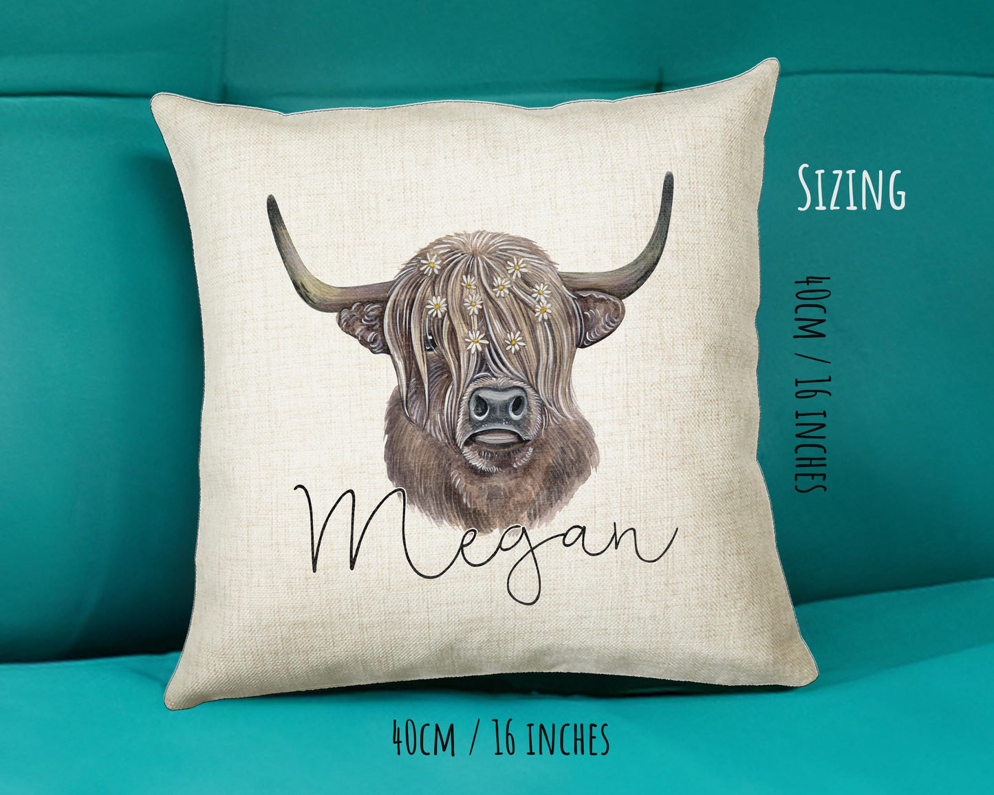 Personalised Highland Cow Cushion Gift Printed Name Design - Cushion Throw Pillow Gift Scottish Cattle Design CS306