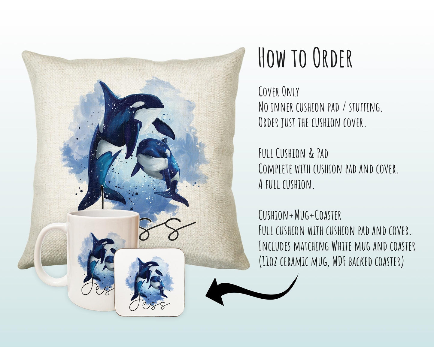 Personalised Orca Killer Whale Cushion Gift Printed Name Design - Cushion Throw Pillow Gift For Mum Dad Friend Bedroom Birthday Gift CS088